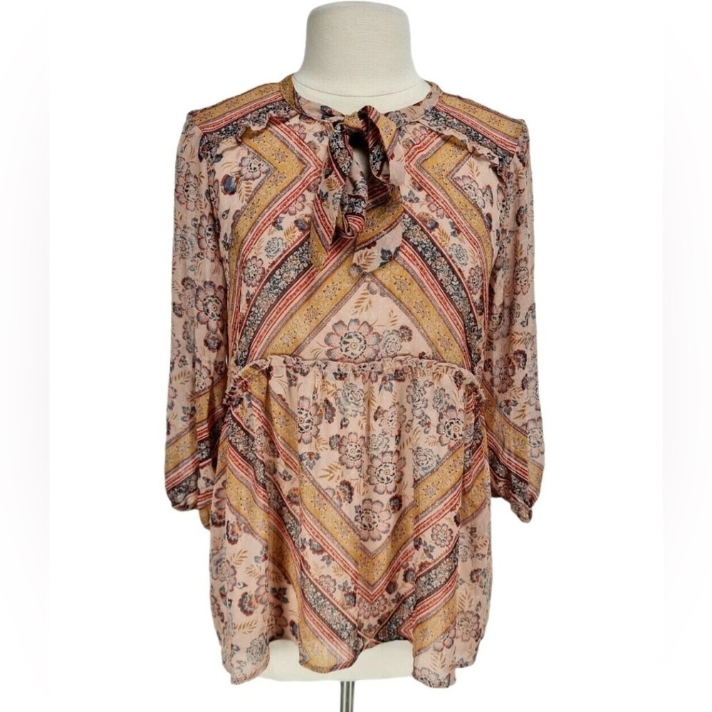 Knox Rose Floral Chiffon Ruffle Hight Low Ham Blouse Women Size M 3/4 Sleeve